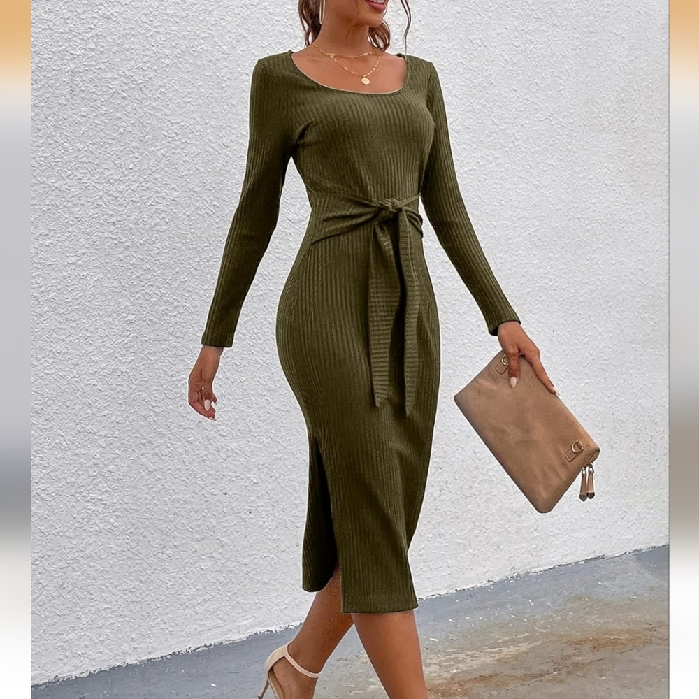 Olive Green Ribbed Long Sleeve Tie-Waist Midi Dress